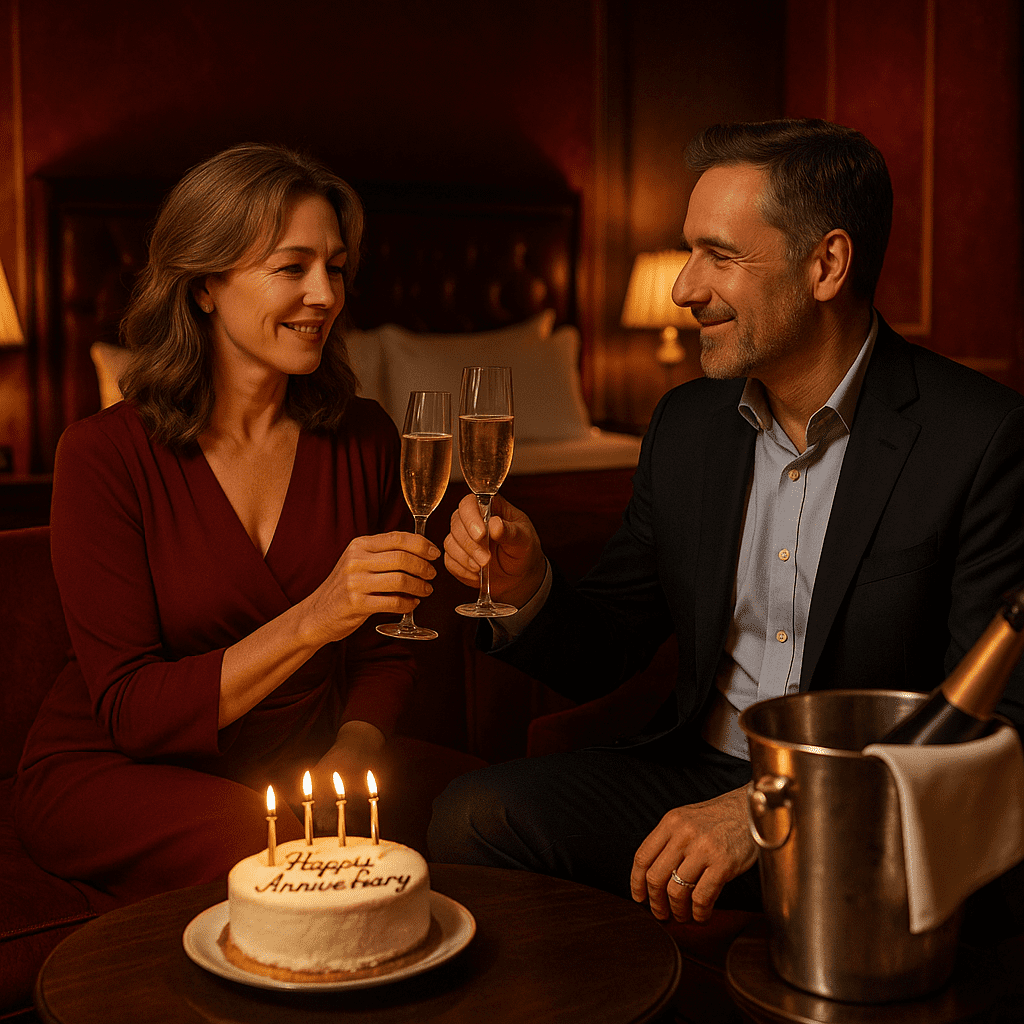 Paar feiert Hochzeitstag in einer luxuriösen Hotelsuite mit Champagner