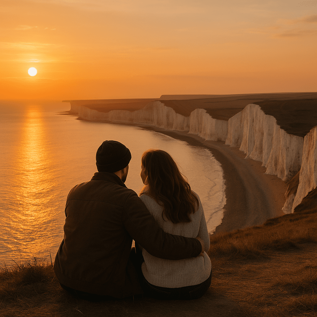 Paar genießt Sonnenuntergang an den weißen Seven Sisters Klippen in Großbritannien