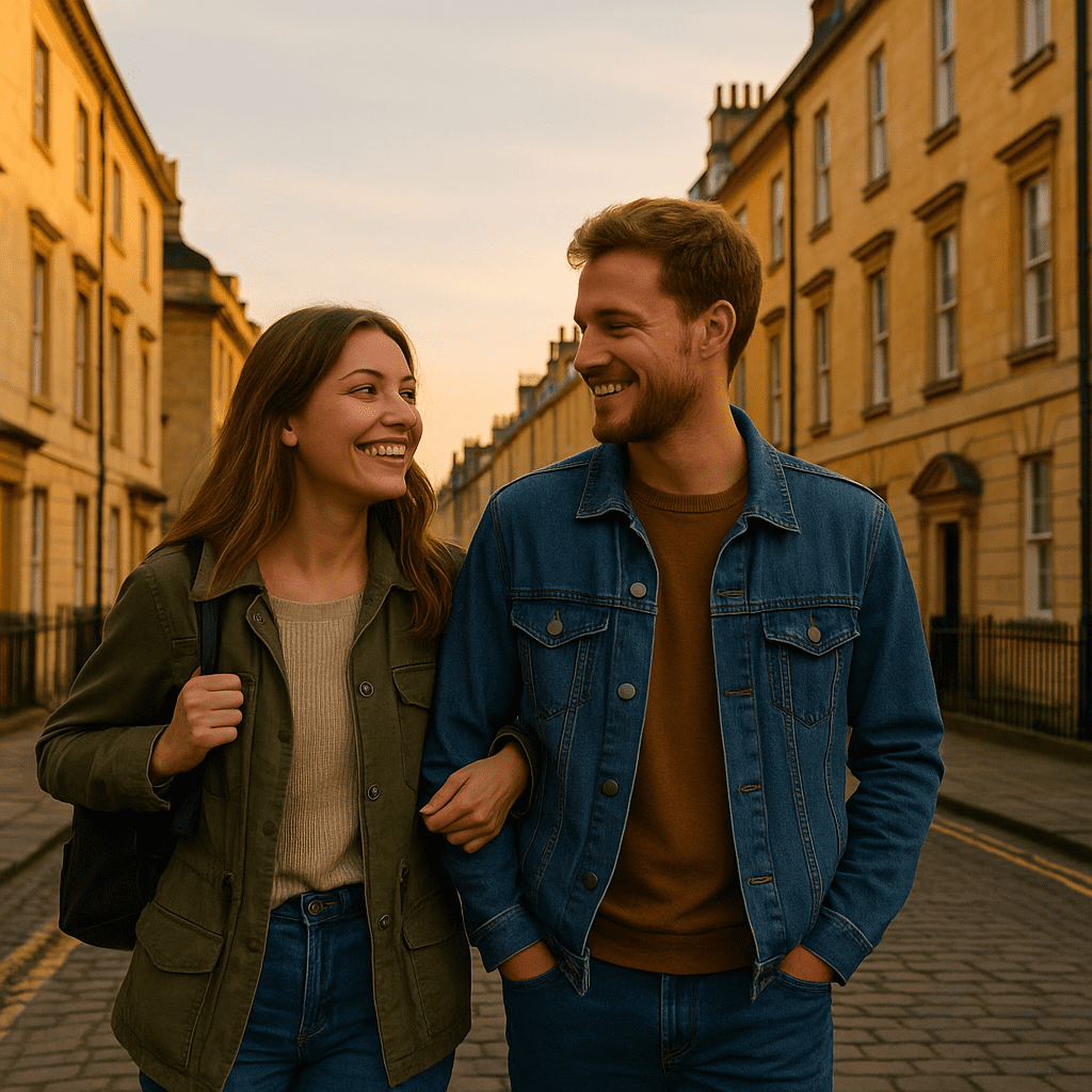 Deutsches Paar spaziert bei Sonnenuntergang durch historische Straßen von Bath in England