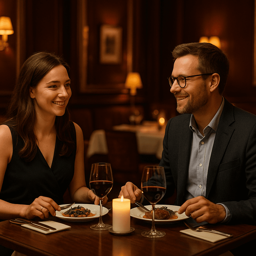Deutsches Paar beim Dinner in einem UK-Michelin-Restaurant mit warmem Ambiente