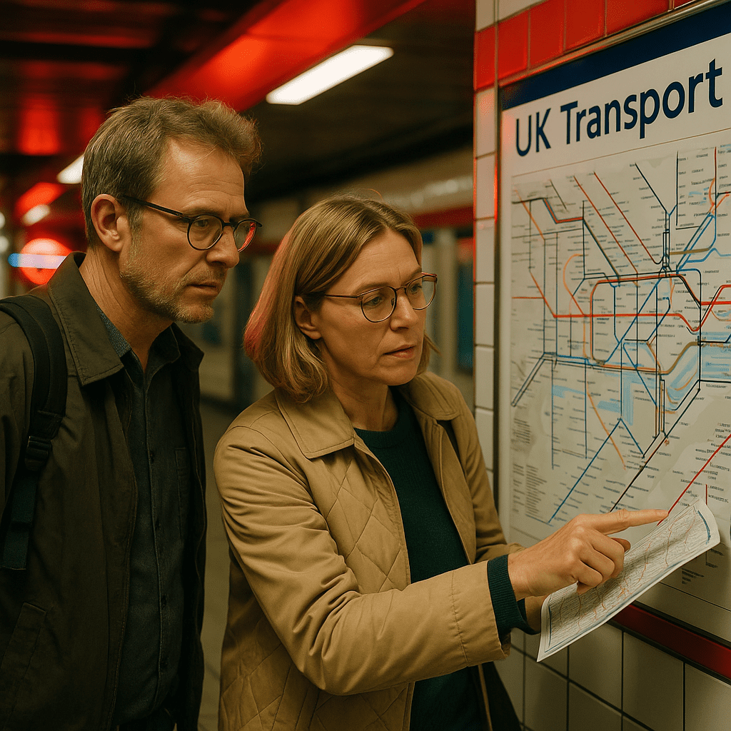 Zwei deutsche Touristen studieren in heller U-Bahn-Station eine Transportkarte