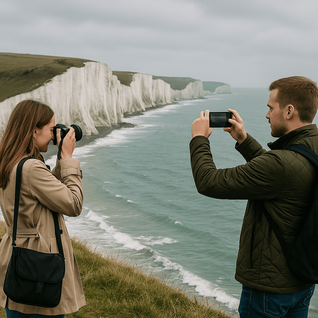 Deutsches Paar fotografiert weiße Klippen von Dover an bewölktem Tag