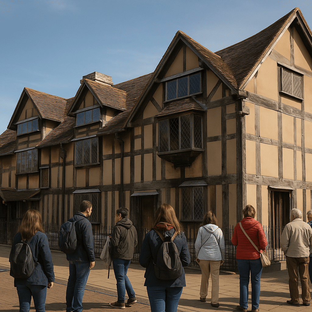 Touristen besuchen bei Tageslicht das historische Geburtshaus Shakespeares in Stratford-upon-Avon