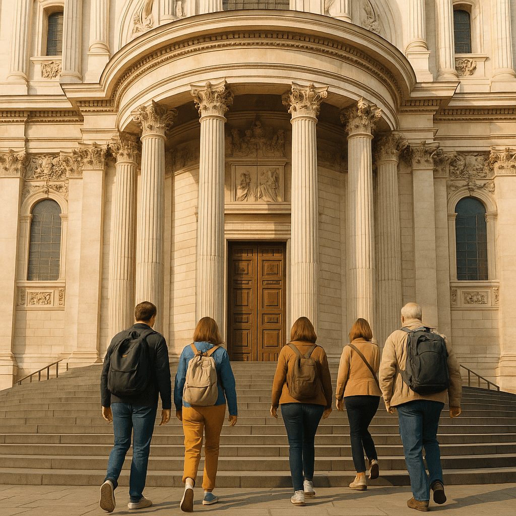 Mehrere Touristen betreten die historische St. Paul’s Cathedral bei Tageslicht