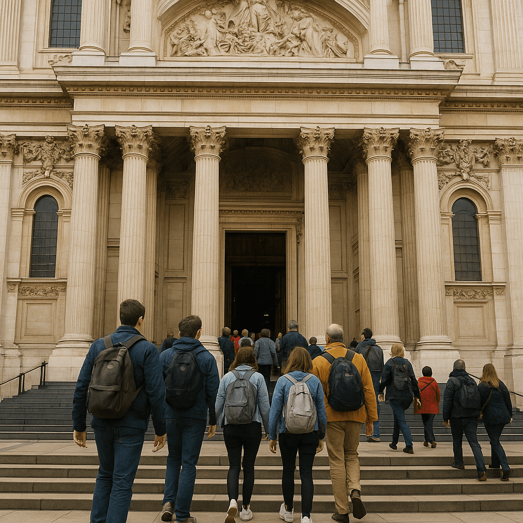 Touristen betreten die historische St. Paul’s Cathedral im winterlichen Licht
