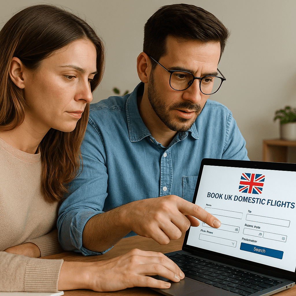 Zwei Touristen buchen Inlandsflüge online im Homeoffice bei Tageslicht