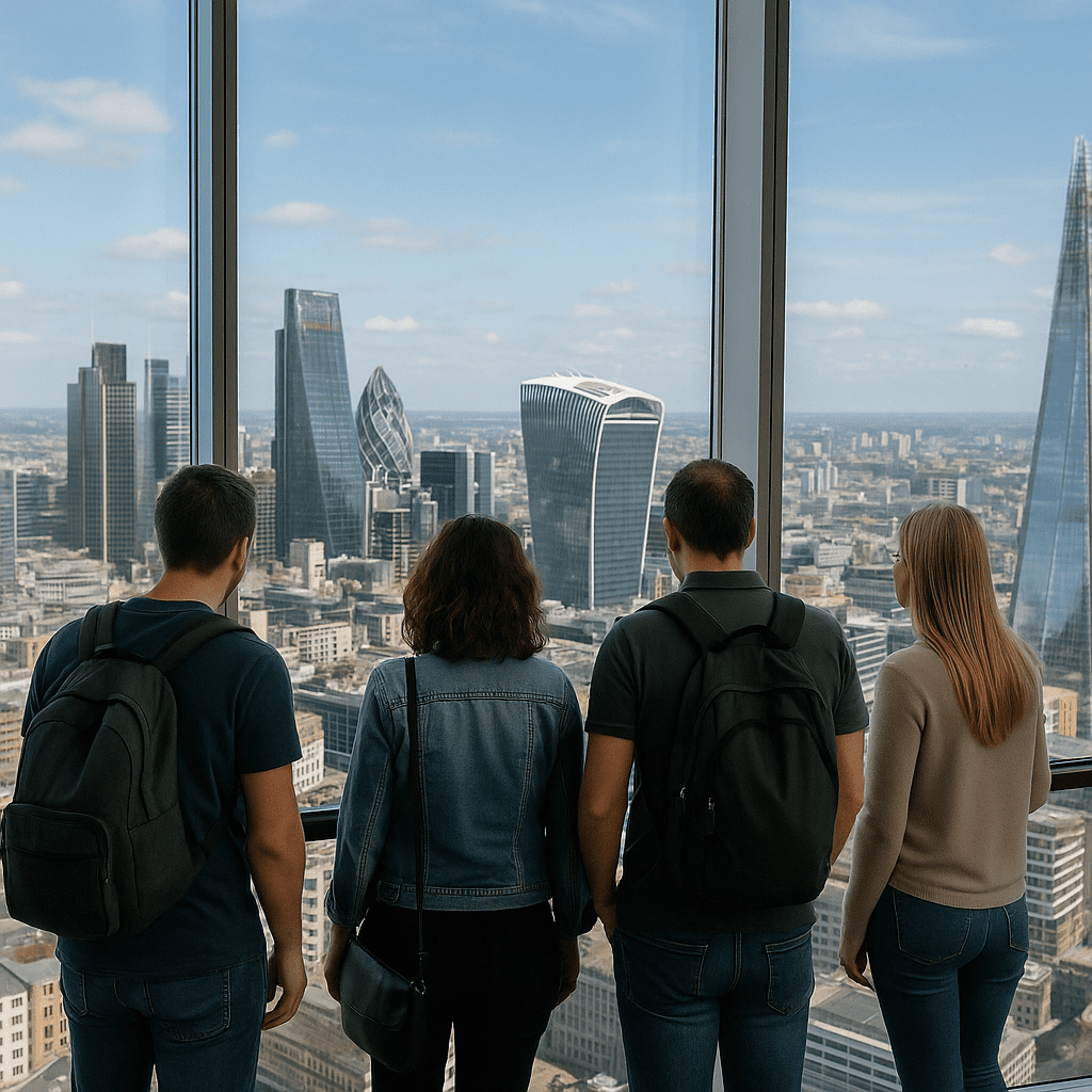 Touristen genießen bei Tageslicht die Aussicht vom Shard auf Londons moderne Skyline