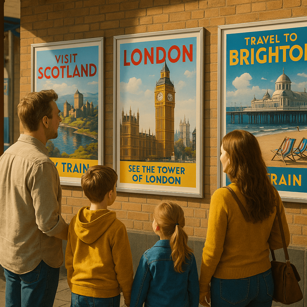 Deutsche Familie im Bahnhof betrachtet britische Reiseposter