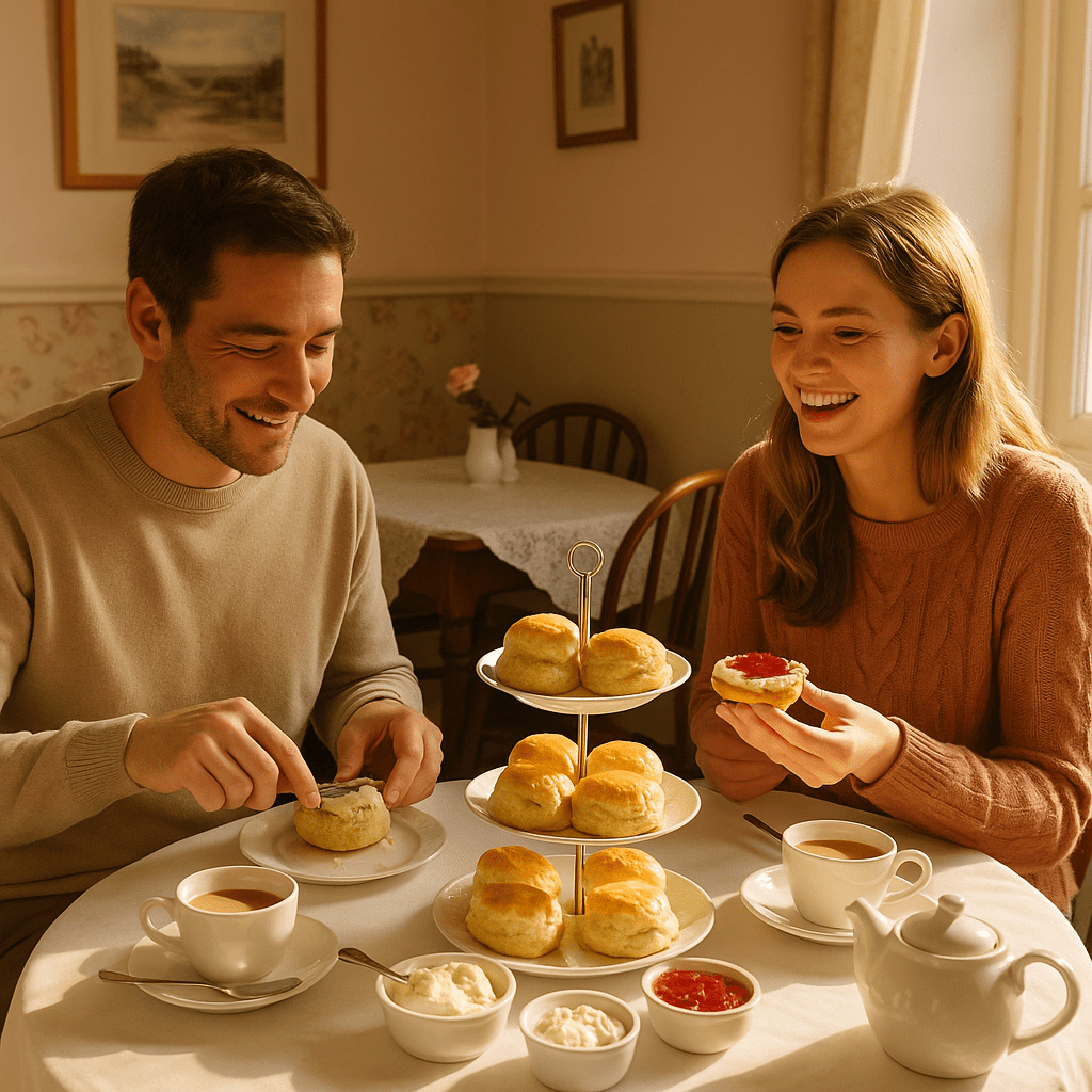 Paar genießt Cream Tea bei Sonnenlicht in einem traditionellen Teehaus in Devon
