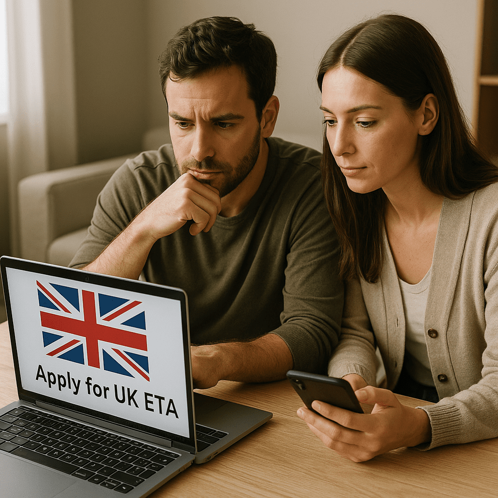 Touristen füllen UK ETA Antrag am Laptop im modernen Homeoffice aus