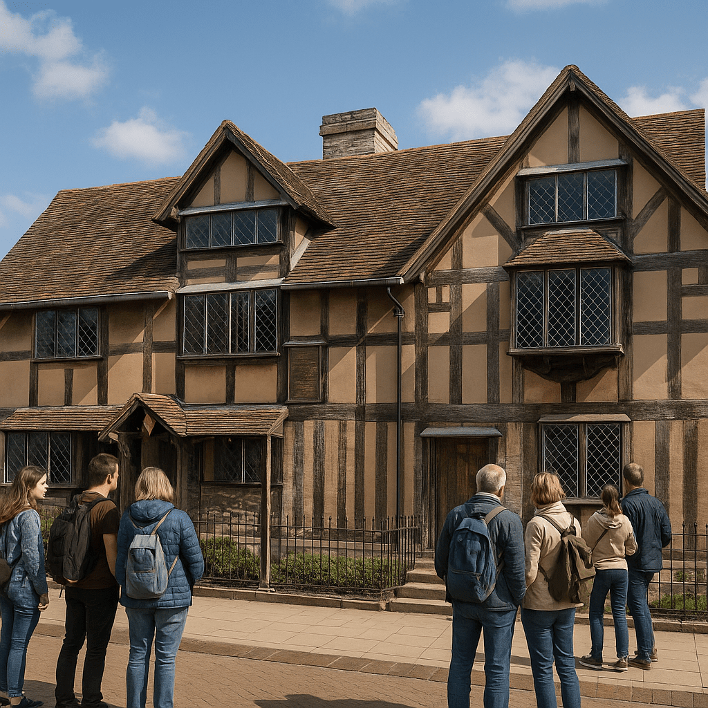 Touristen vor dem historischen Geburtshaus von Shakespeare in Stratford-upon-Avon bei Tageslicht