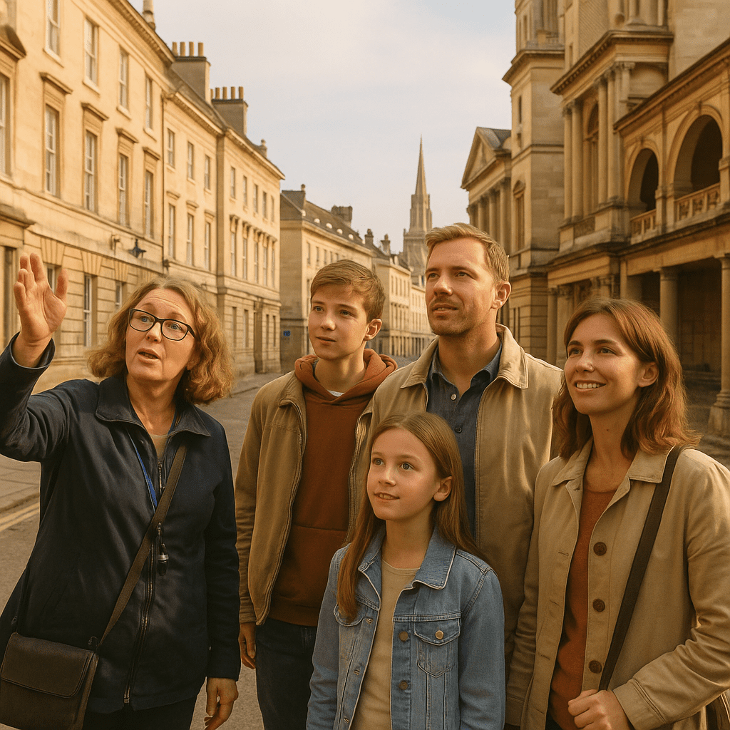 Deutsche Familie auf Stadttour in Bath vor georgianischer Architektur im Morgenlicht