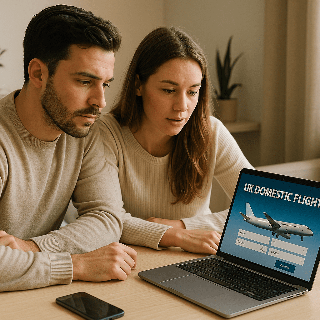 Eltern buchen UK-Inlandsflüge online am Laptop im Homeoffice
