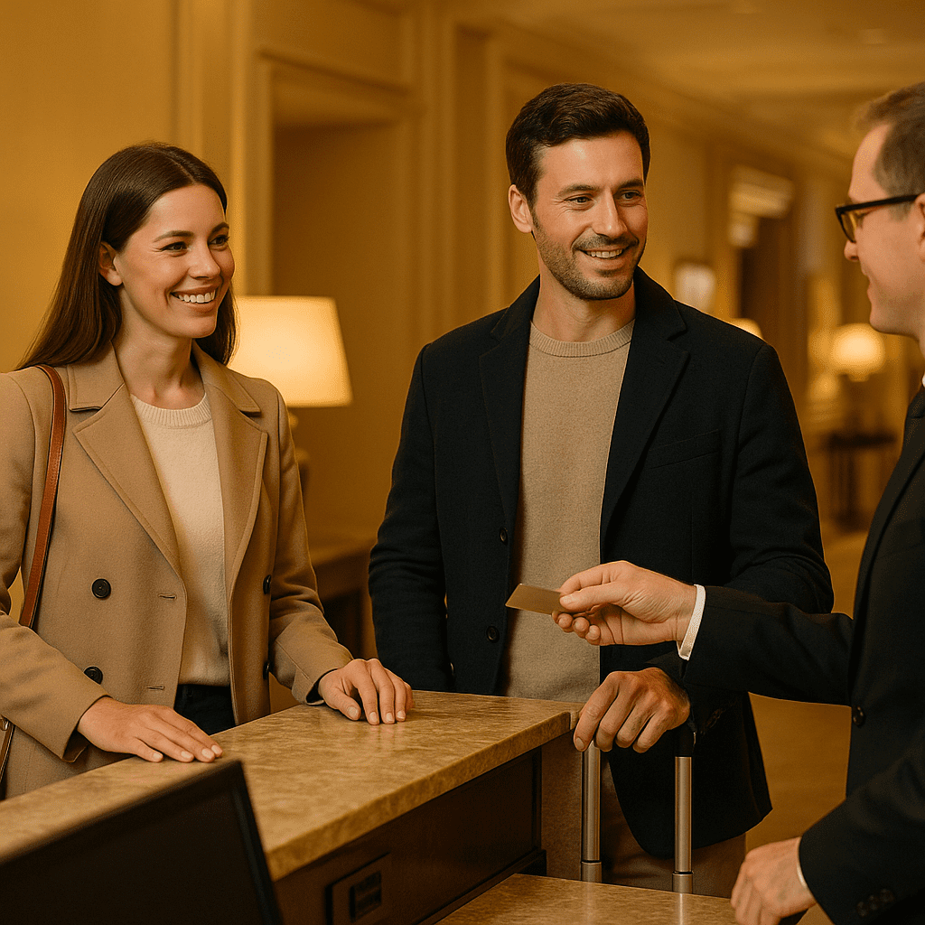 Paar beim Check-out an einer britischen Hotelrezeption mit warmem Licht
