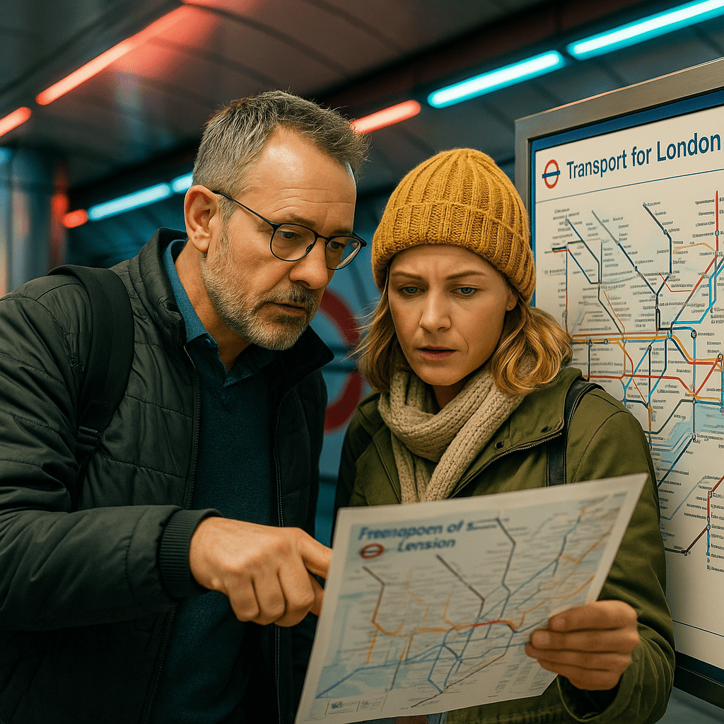 Deutsche Touristen betrachten Transportkarte in heller britischer U-Bahnstation
