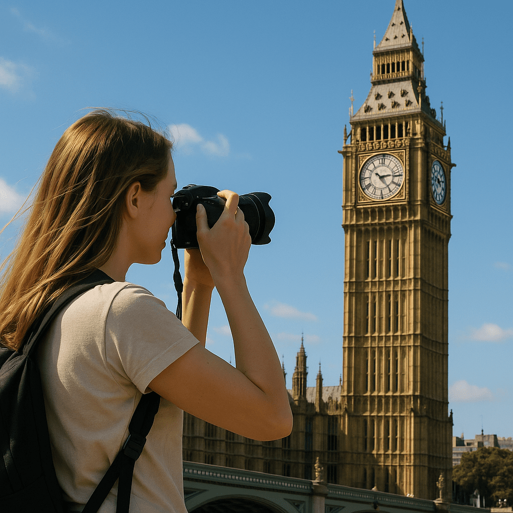 Junge deutsche Frau fotografiert Big Ben bei strahlendem Himmel in London
