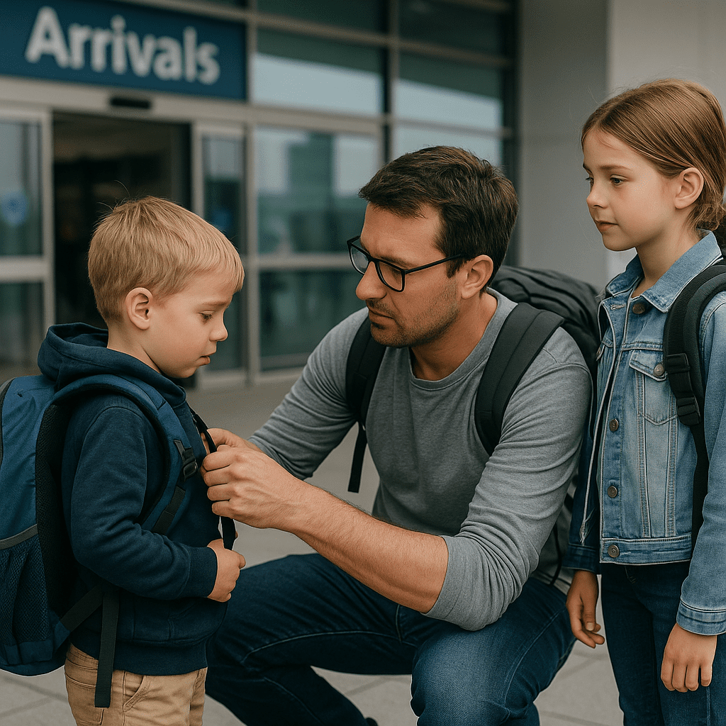 Vater hilft zwei Kindern mit Rucksäcken bei der Ankunft am Flughafen