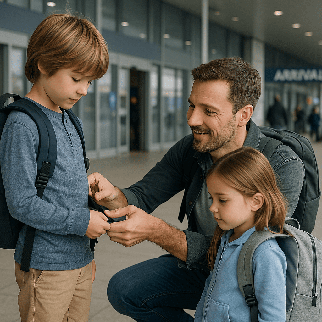 Vater hilft Kindern mit Rucksäcken im Flughafen-Ankunftsbereich bei Tageslicht