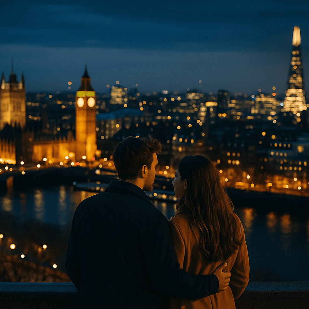 Junges Paar betrachtet bei Nacht die Skyline von London von einem Aussichtspunkt