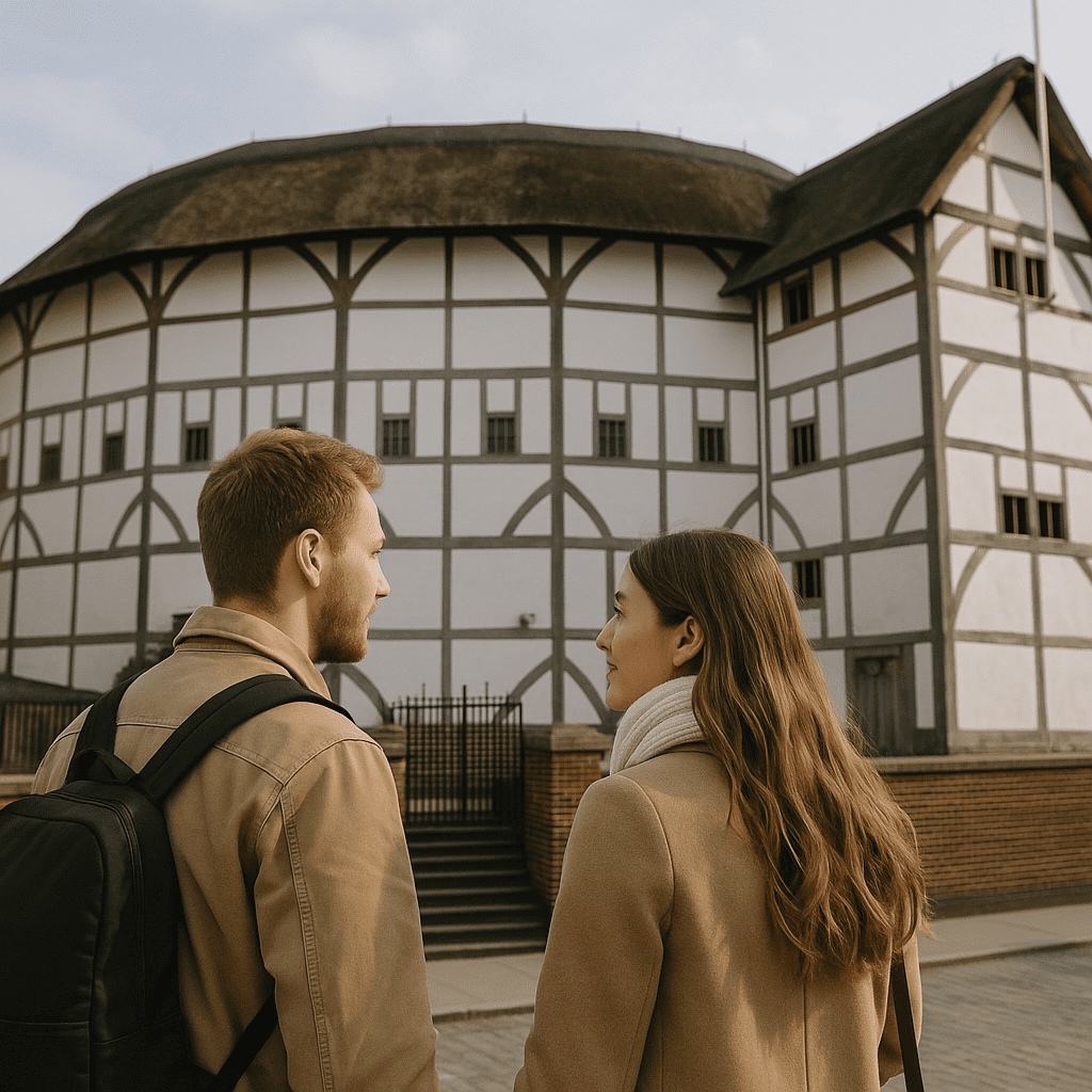 Deutsches Paar betrachtet Shakespeare’s Globe Theatre in London bei Tageslicht