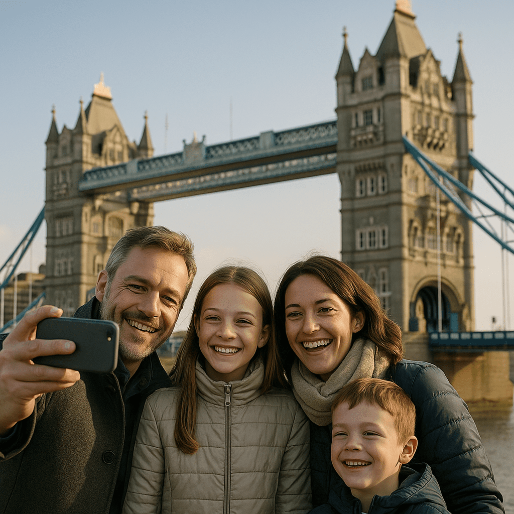 Familie macht Selfie vor der Tower Bridge im winterlichen London