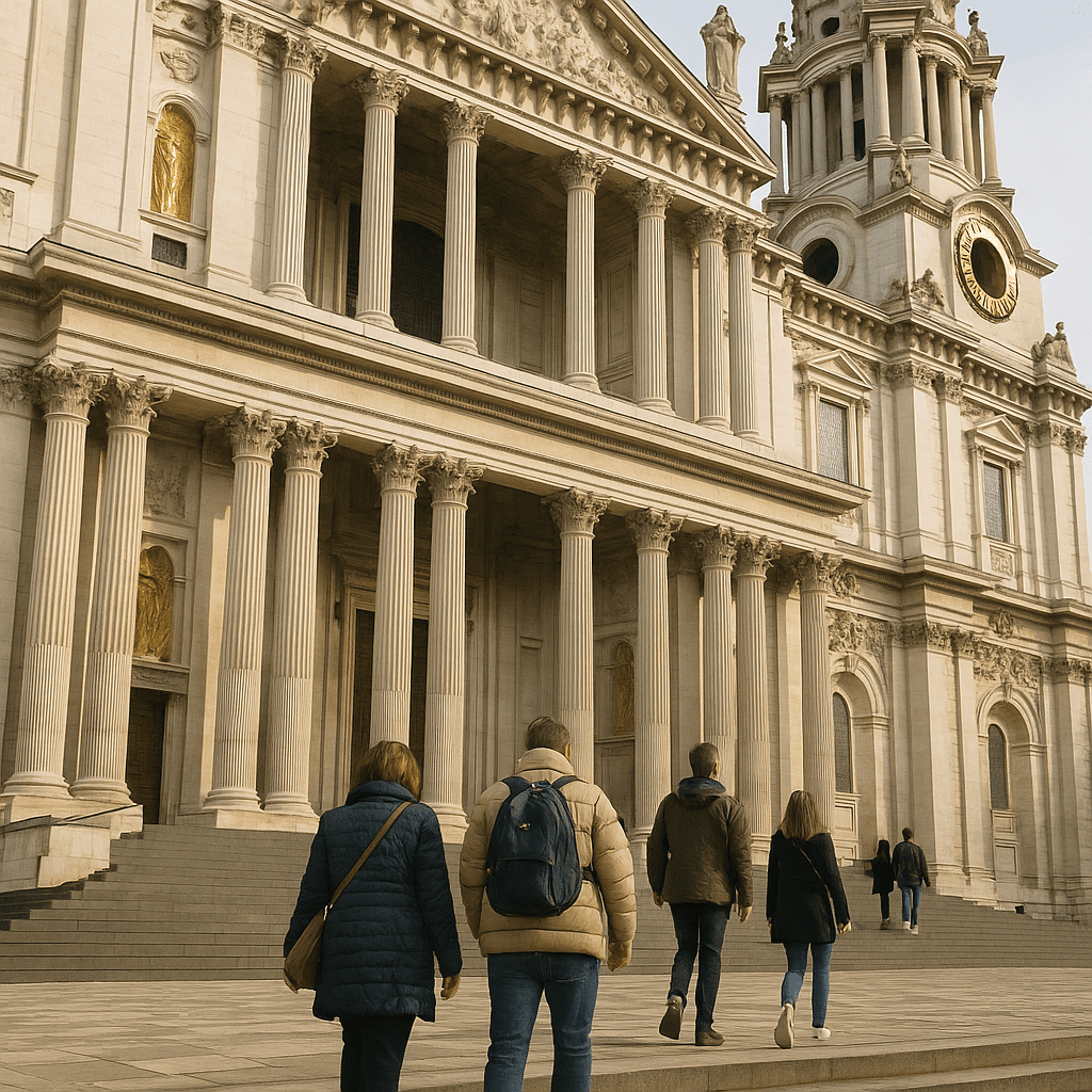 Touristen betreten St. Paul’s Cathedral in London bei Tageslicht im Winter