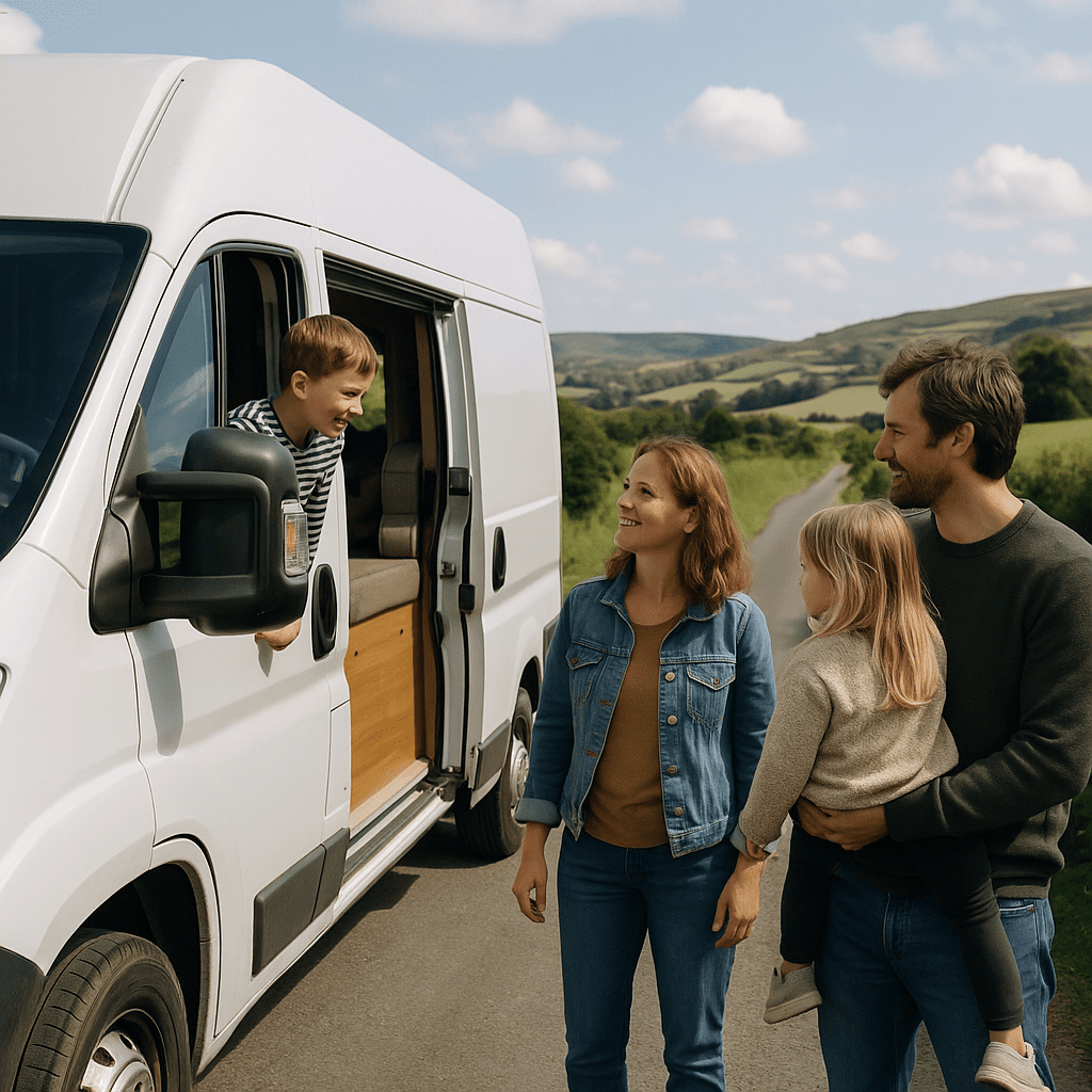Familie im Wohnmobil fährt am Nachmittag durch grüne Landschaft in Großbritannien