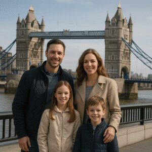 Eltern mit zwei Kindern posieren nachmittags vor der Tower Bridge in London