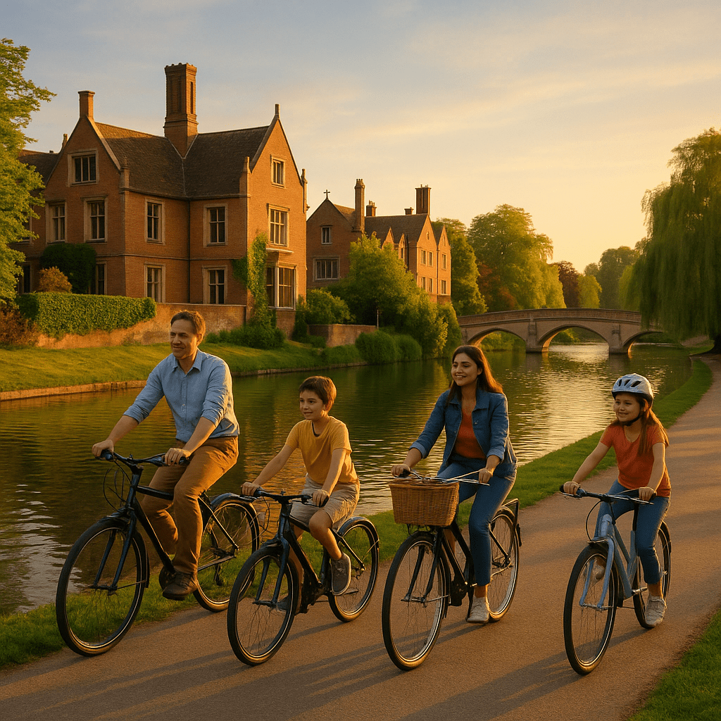 Familie fährt bei Sonnenuntergang am Fluss in Cambridge Fahrrad
