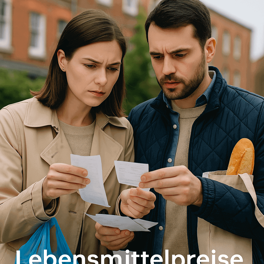 A young couple in the UK looks at shopping receipts with concern, comparing prices.