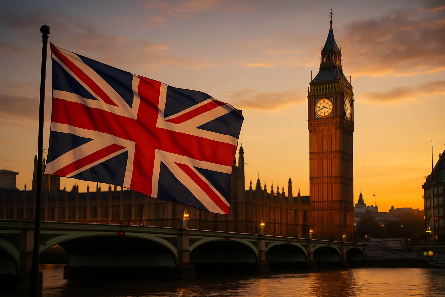 Union-Jack-Flagge weht vor Big Ben und den Houses of Parliament bei Sonnenuntergang