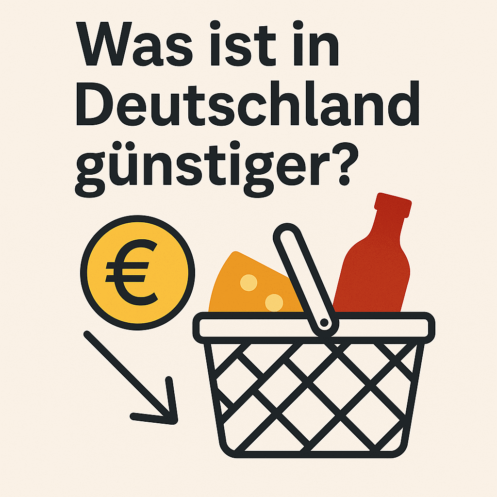 Einkaufskorb mit Lebensmitteln und Eurozeichen – Was ist in Deutschland günstiger?