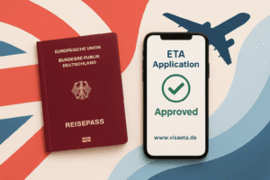 Ein realistisches Szenario zeigt einen deutschen Pass mit ETA-Bestätigung vor der Einreise nach Großbritannien.