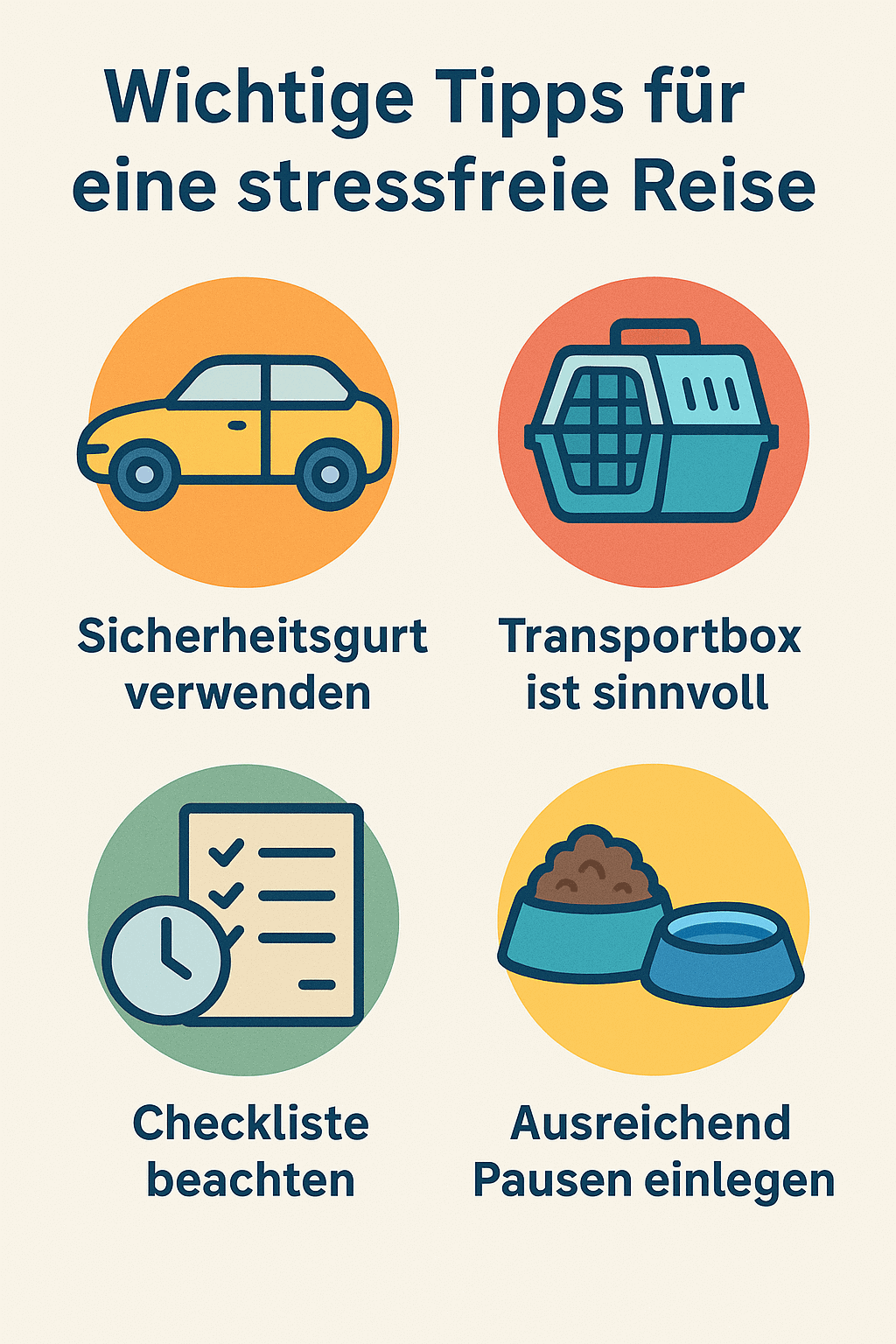 Infografik mit wichtigen Reisetipps für Hundebesitzer: Sicherheitsgurt, Transportbox, Pausen, Checkliste