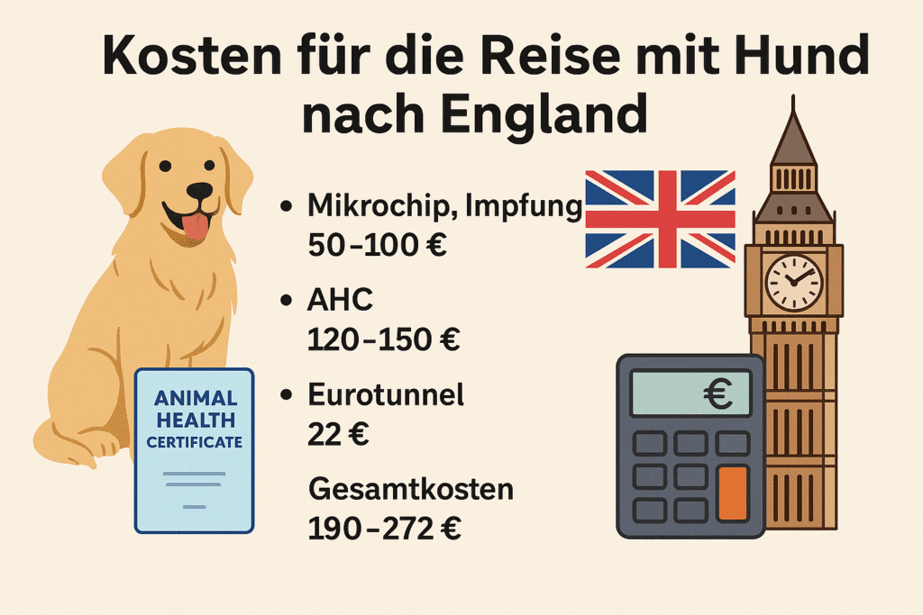 Infografik zu Kosten bei der Einreise mit Hund nach England 2025 – AHC, Tollwutimpfung, Eurotunnel