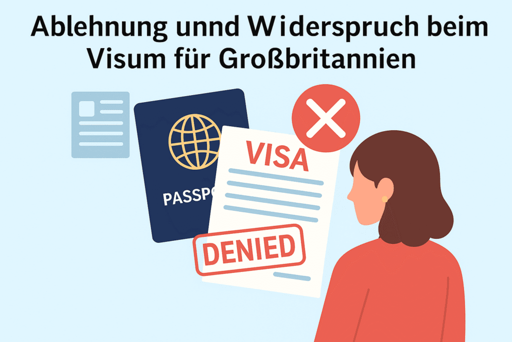 Ablehnung und Widerspruch beim Visum für Großbritannien – abgelehntes Visum mit Symbol und Pass