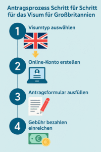 Antragsprozess Schritt für Schritt für das Visum für Großbritannien – visuelle Anleitung mit Symbolen und Schritten