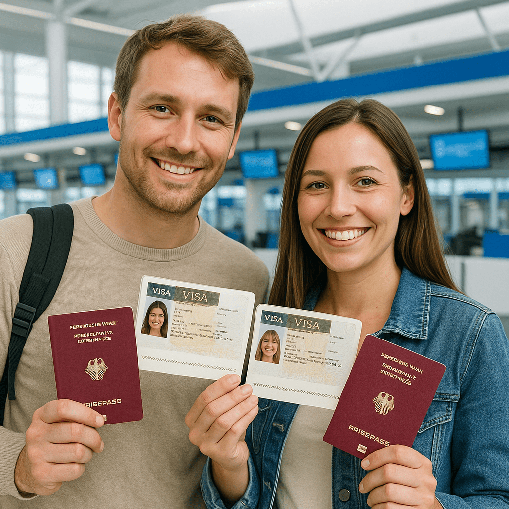 Pärchen mit UK-Visa und Reisedokumenten am Flughafen London Heathrow