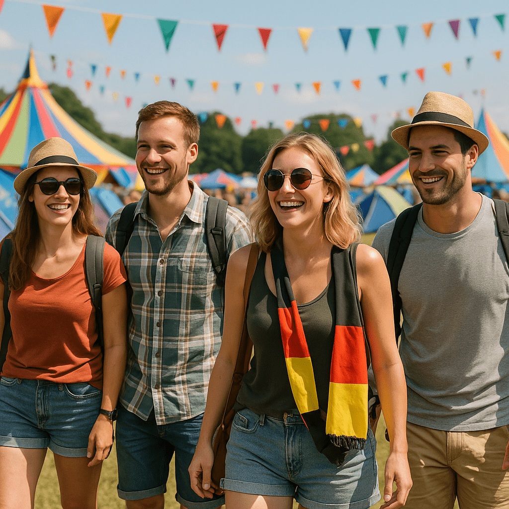 Deutsche Reisende genießen ein buntes Sommerfestival im Freien in Großbritannien bei Tageslicht