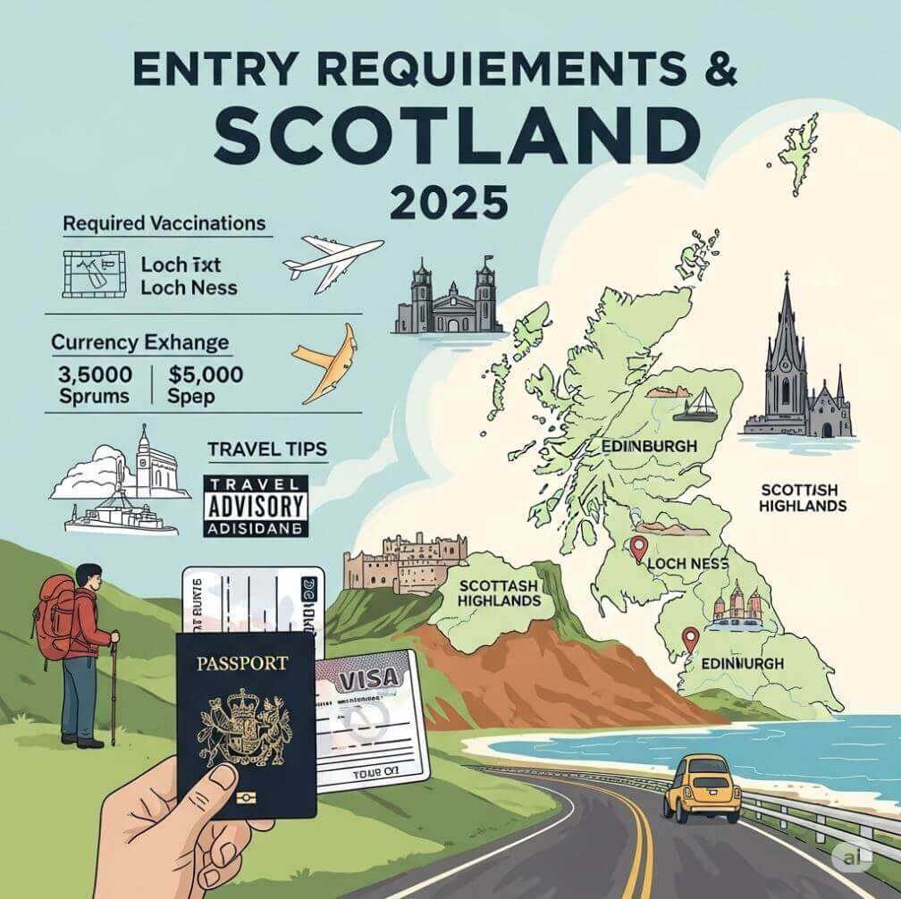 Grafik: Reiseführer Schottland 2025 mit Karte, Pass, Visum und Einreiseinformationen.