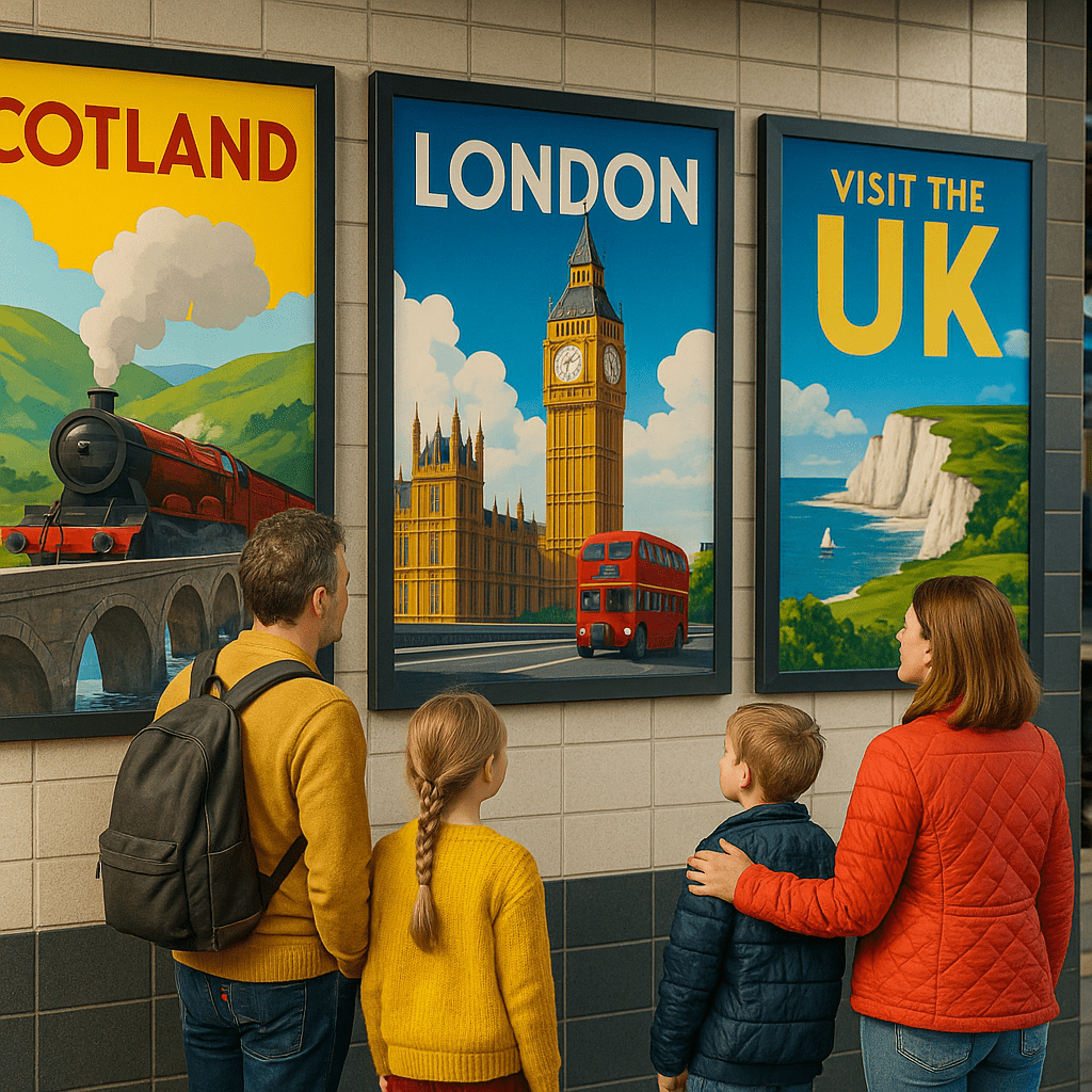Deutsche Familie am Bahnhof bewundert bunte UK-Reiseposter