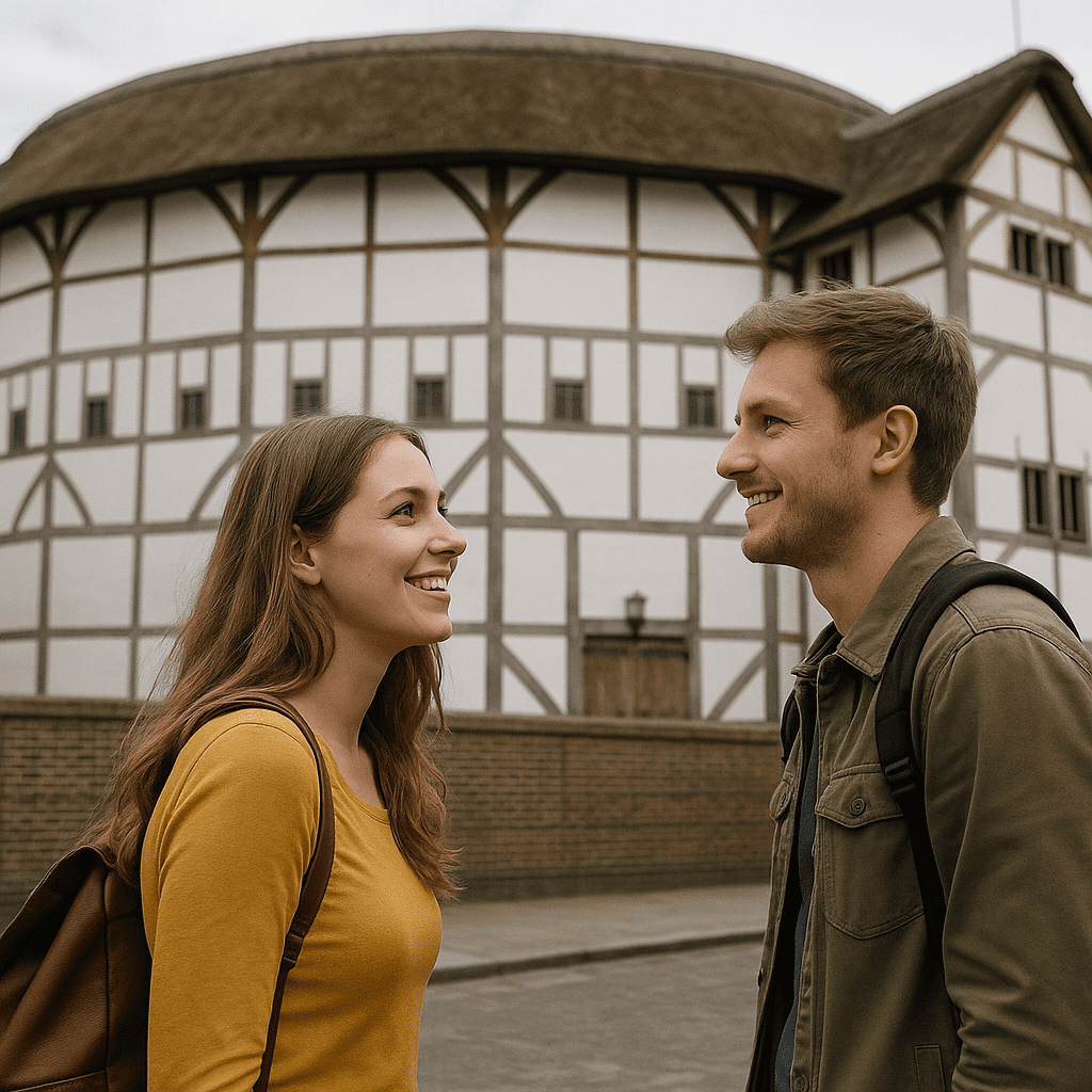 Junges deutsches Paar betrachtet das Shakespeare's Globe Theatre in London bei Tageslicht
