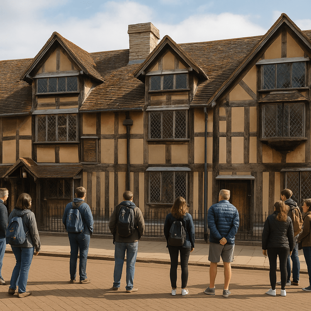 Touristen besuchen das historische Geburtshaus von Shakespeare in Stratford-upon-Avon bei Tageslicht