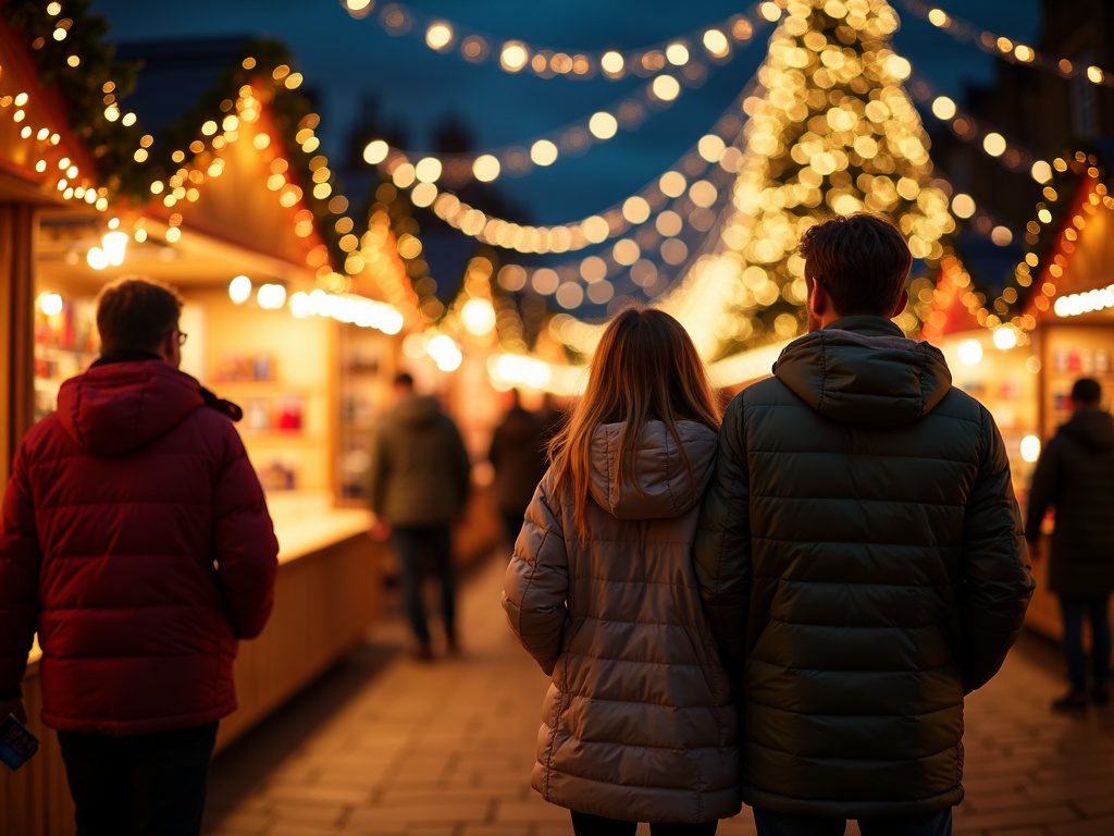 Familie besucht abends einen festlich beleuchteten Weihnachtsmarkt im Vereinigten Königreich