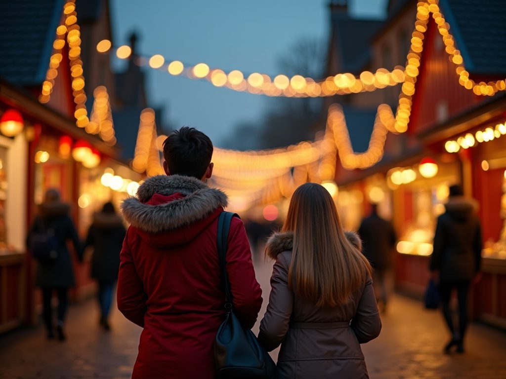 Familie besucht abends einen festlich beleuchteten Weihnachtsmarkt im Freien in Großbritannien