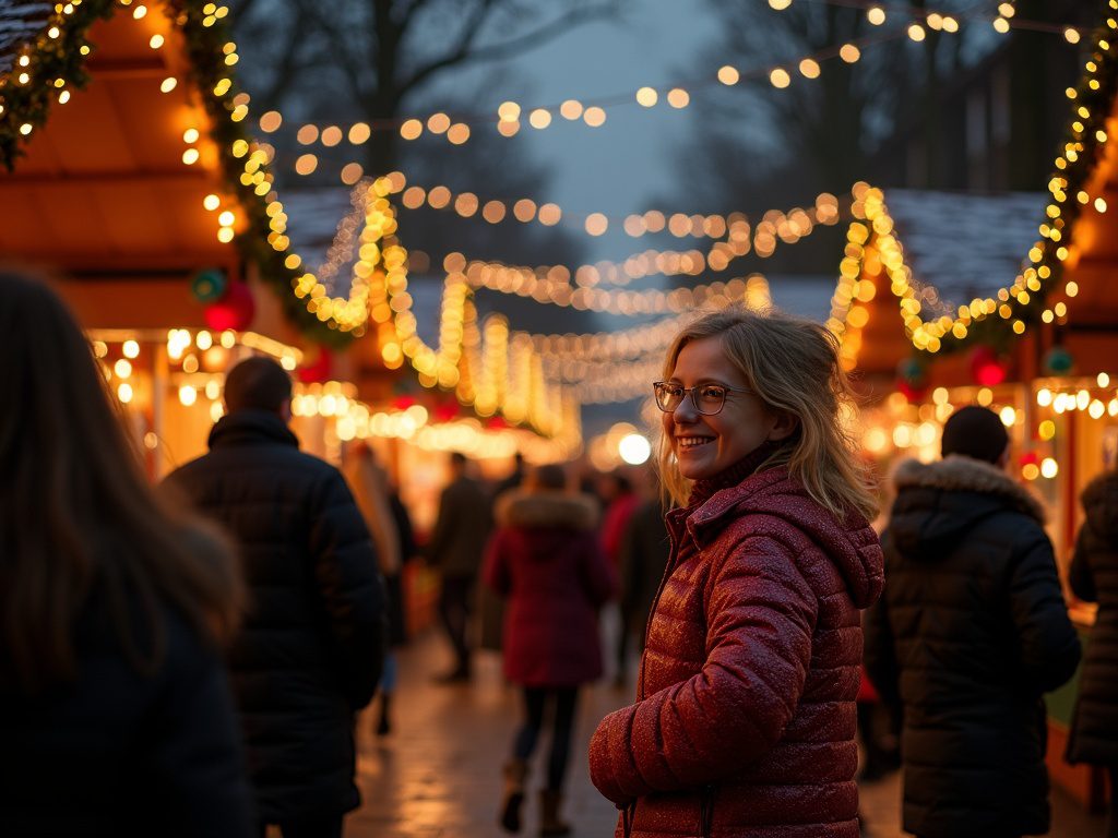 Familie auf buntem Weihnachtsmarkt in Edinburgh mit Lichtern im Freien