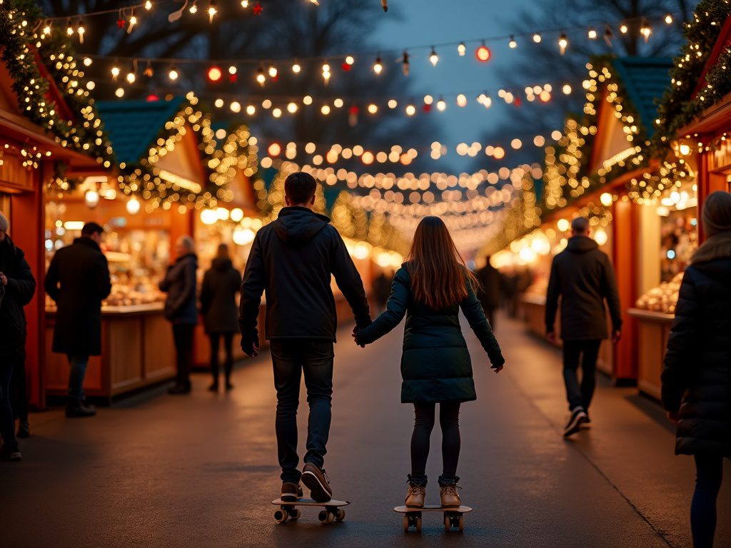 Familie besucht abends einen britischen Weihnachtsmarkt mit Lichtern