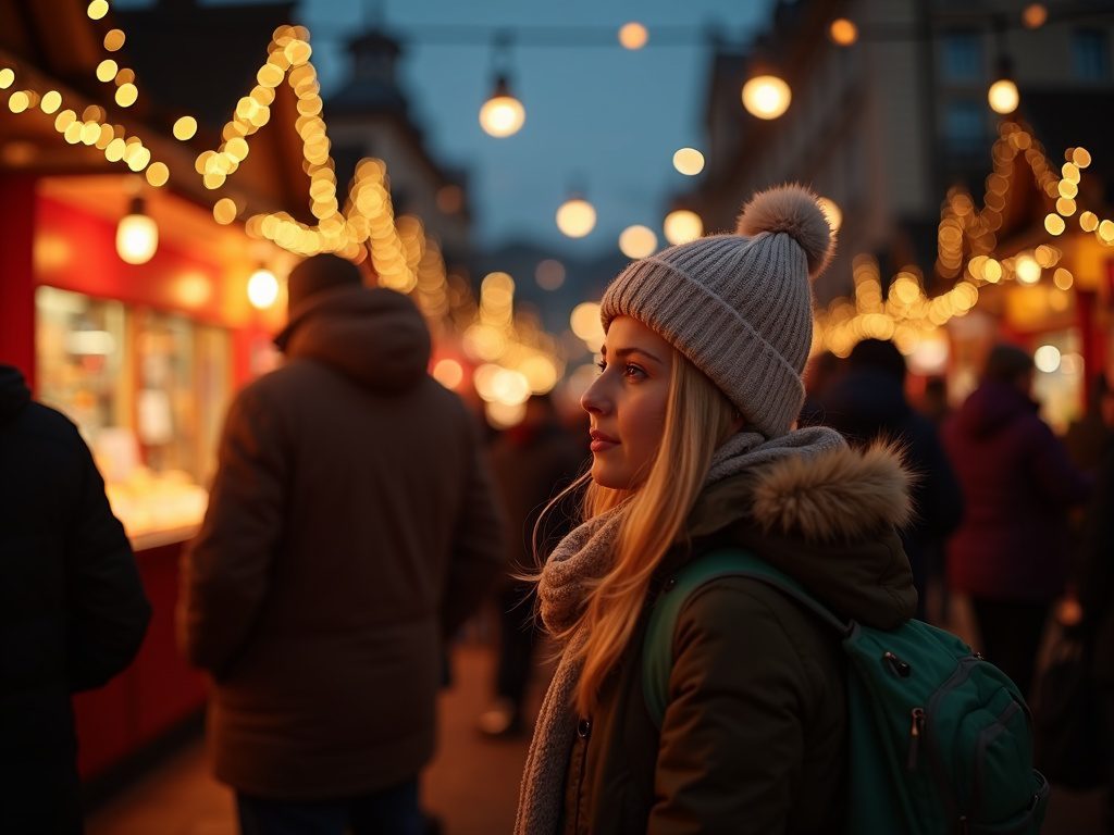 Familie auf einem festlich beleuchteten Weihnachtsmarkt in Großbritannien am Abend