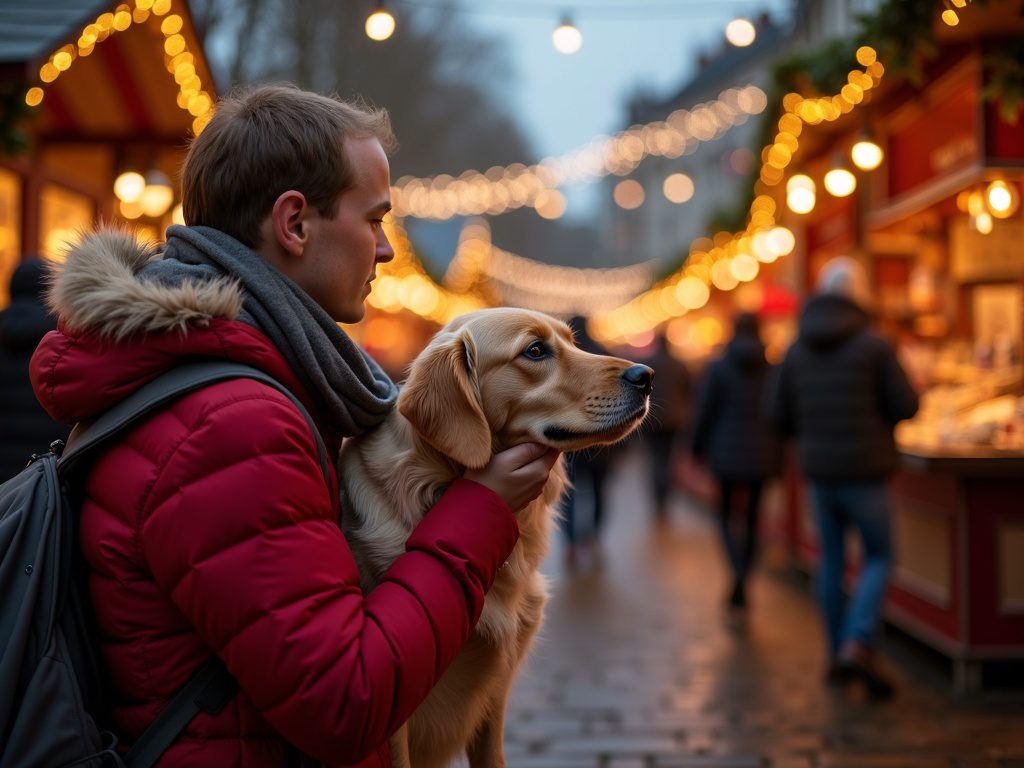 Familie mit Hund auf britischem Weihnachtsmarkt bei Abendbeleuchtung