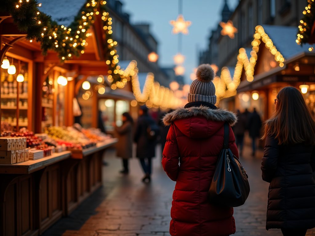 Familie besucht festlich beleuchteten Weihnachtsmarkt in Glasgow bei Nacht